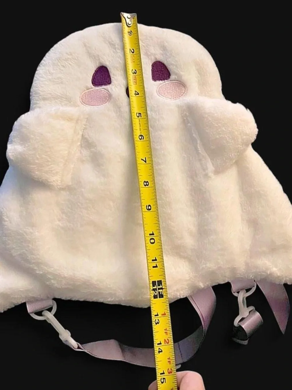 Plush White Ghost Backpack/shoulder bag with Purple eyes and pink cheeks. Kawai